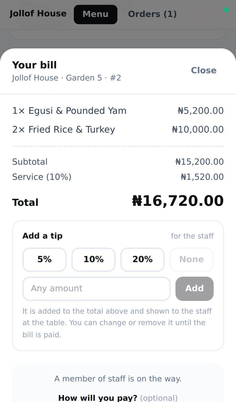 A guest looking at their bill on their phone, with 5%, 10% and 20% tip buttons.
