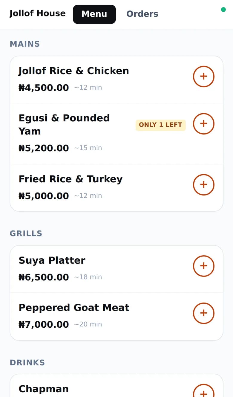 A guest's phone showing the menu after scanning: dishes, prices, wait times, and a badge on the dish that is nearly gone.