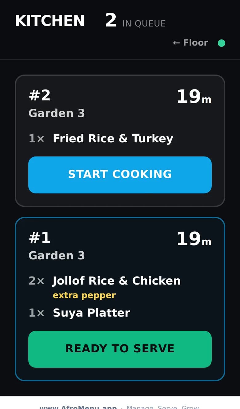 The kitchen screen: two tickets with the table, the dishes and how long each has been waiting.